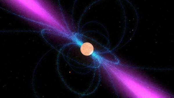 This image shows an artist's impression of a neutron star, surrounded by its strong magnetic field (blue). It emits a narrow beam of radio waves (magenta) above its magnetic poles. When the star's rotation sweeps these beams over the Earth, the neutron star can be detected as a radio pulsar.
NASA Goddard/Walt Feimer
