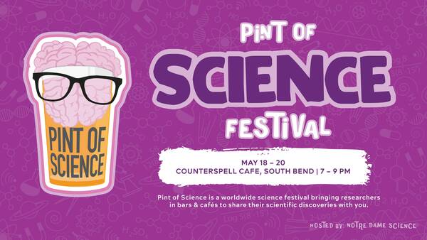 Pint of Science Festival. Orange pint glass with pink brain foam wearing black glasses.